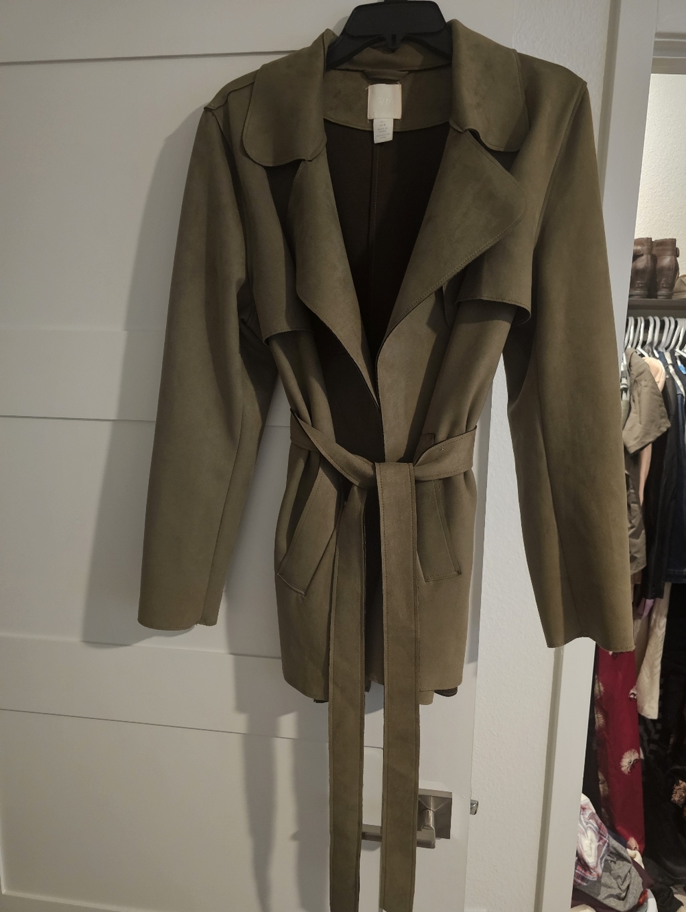 H & M Olive Green Faux Suede Belted Trench Coat, Size L